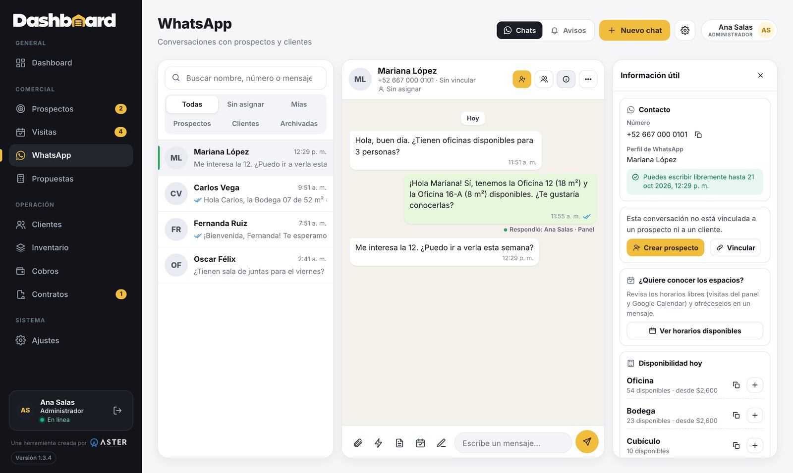 Lista de conversaciones de WhatsApp con filtros por responsable y tipo de contacto