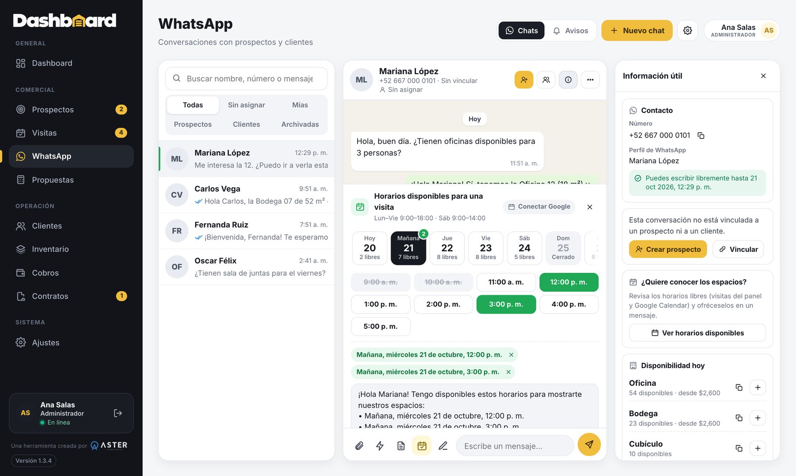 Bandeja de WhatsApp Business dentro del panel: conversaciones del equipo y horarios disponibles para agendar una visita